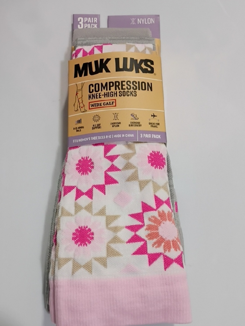 MUK LUKS PINK CREAM GRAY 3-PACK  WIDE CALF COMPRESSION KNEE-HIGH SOCKS NWT
